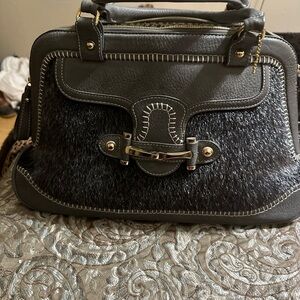 Grey Handbag with faux fur and leopard cloth interior. Nice fashion statement!!